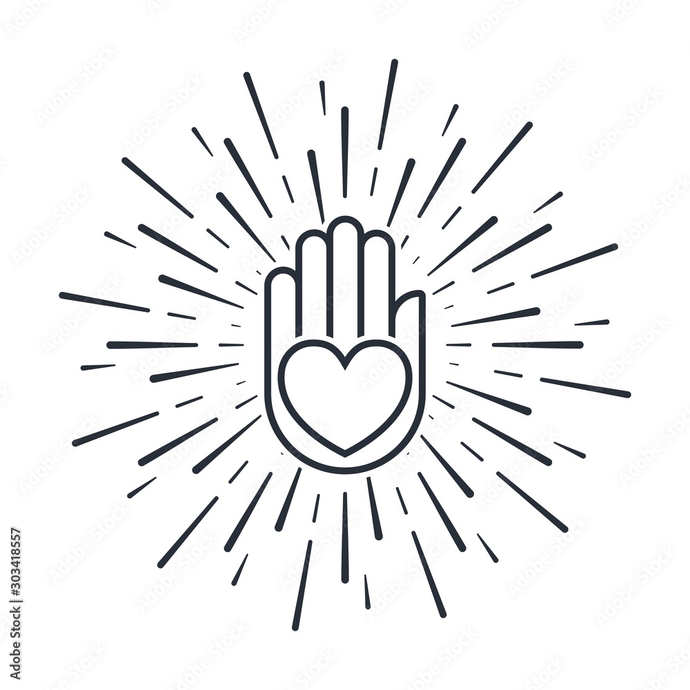 Obraz premium Hand with a heart in the rays. Share love, care. Volunteer assistance. Vector icon on a white background.