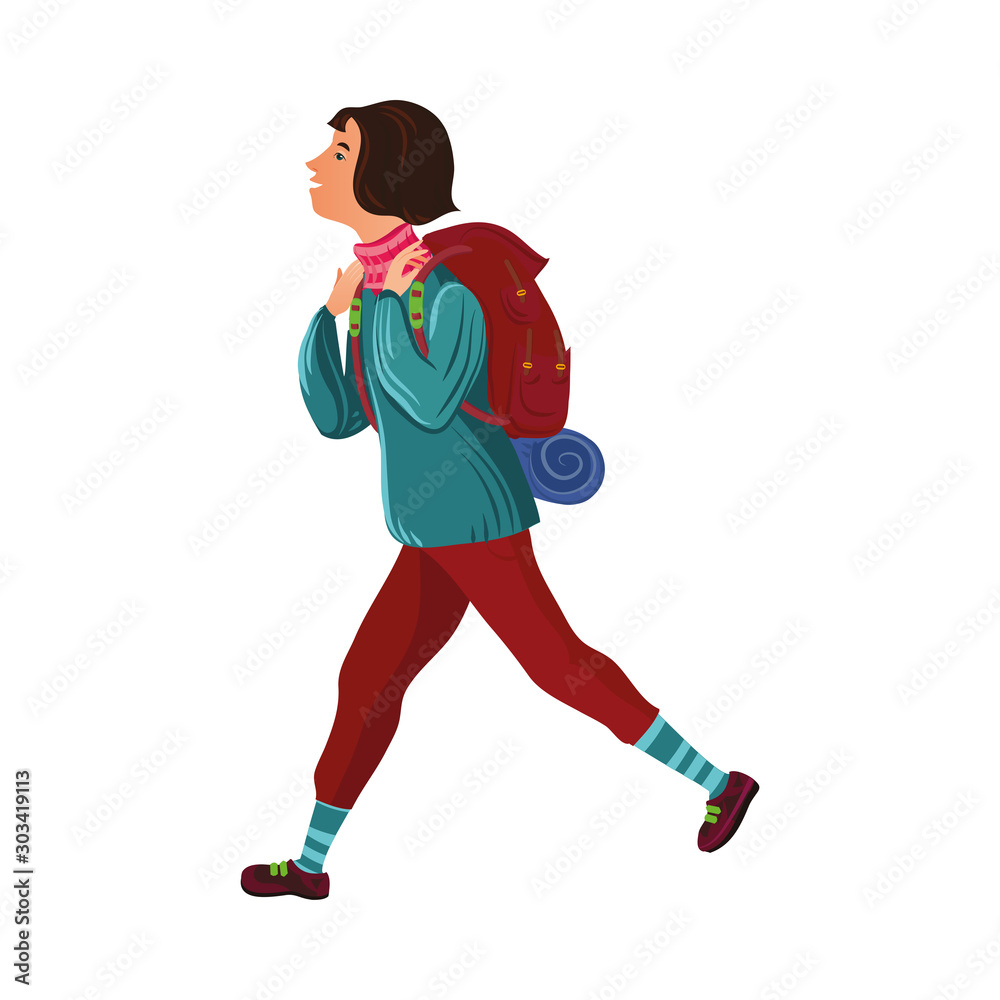 Dark-haired camper girl in the sweater with a backpack. Vector illustration in flat cartoon style.