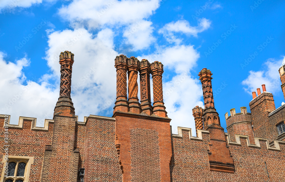 London, UK. old chimneys of  East Front of Hampton court,  locates West London