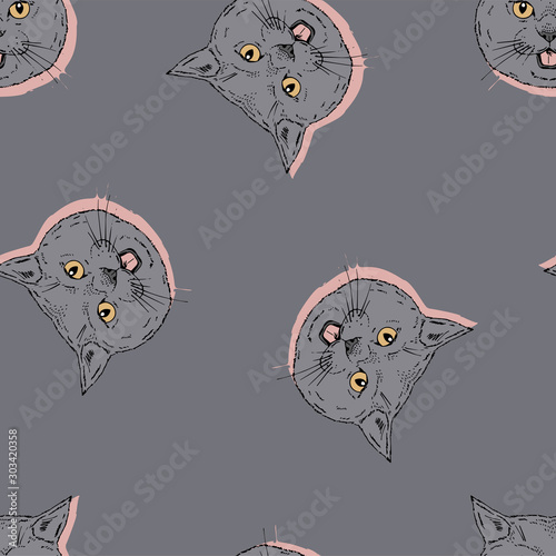 British shorthair Cat portraits heads seamless pattern. Vector hand drawn grey and pink graphics for textile or paper prints for cats lovers