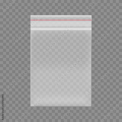 Realistic transparent plastic bag with zipper.