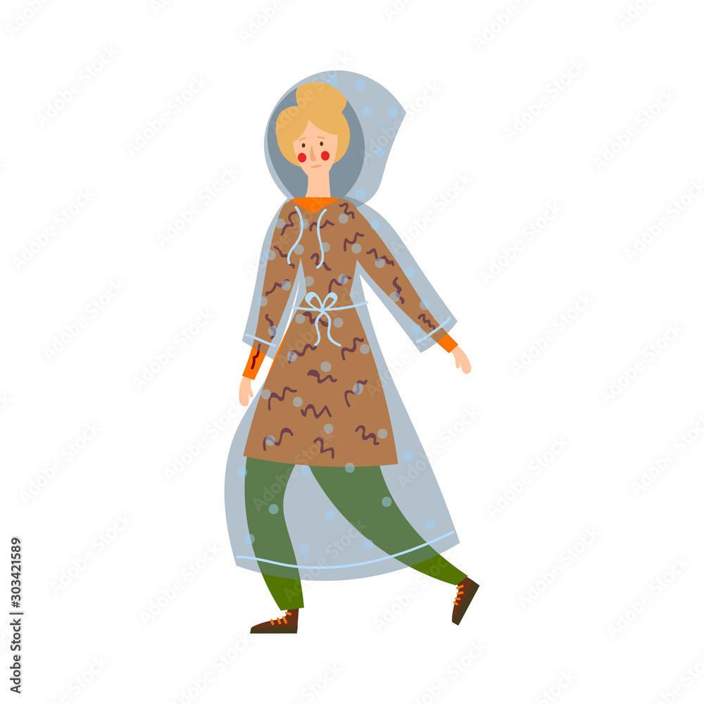 Adult blond-haired woman in the transparent raincoat. Vector illustration in flat cartoon style.