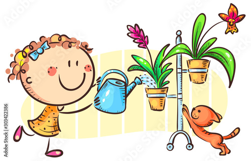 Happy girl watering indoor plants, cartoon clipart