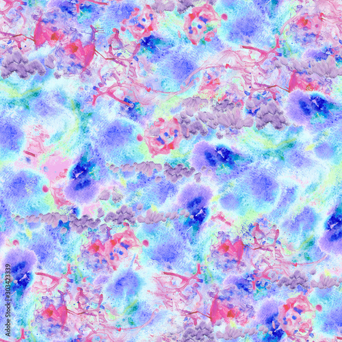 Abstract seamless pattern with watercolor spots and blots in pink and lilac colors.
