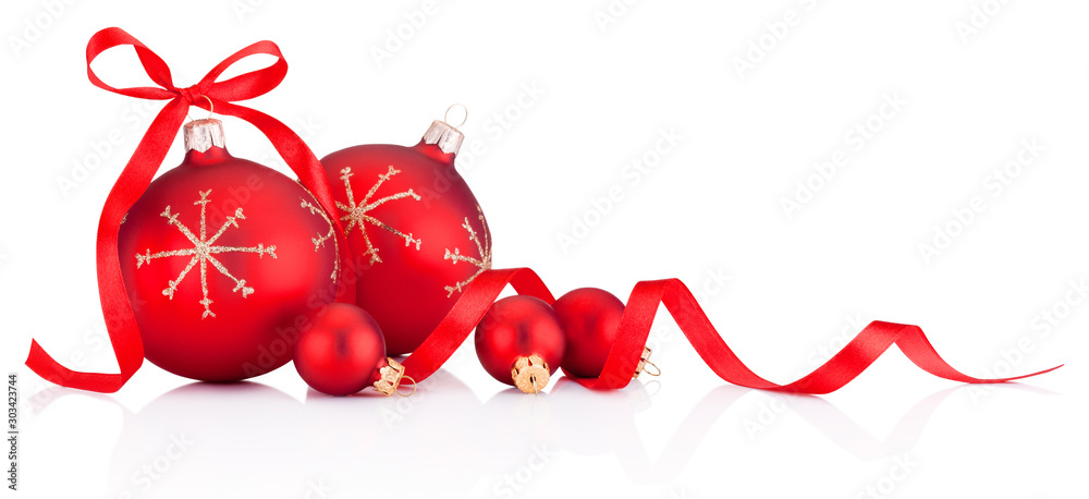 Red Christmas decoration baubles with ribbon bow isolated on white background - obrazy, fototapety, plakaty 