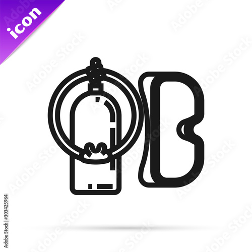 Black line Diving mask and aqualung icon isolated on white background. Oxygen tank for diver. Extreme sport. Sport equipment. Vector Illustration