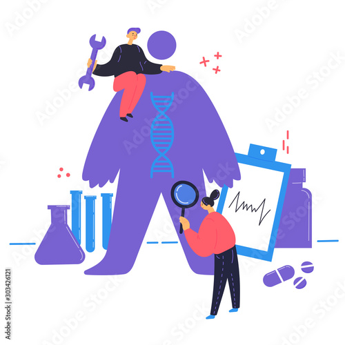 Biohacking vector illustration.Biological health engineering.Man and woman explore the human body,monitoring of a condition of an organism.Laboratory research human concept vector illustration.DNA