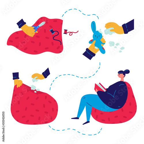 Clothes upcycle concept.Secondary use of clothes and soft toy.Recycling of a cloth and toy on a bean bag.Woman cut material with scissors.Vector flat illustration.Waste reduction.Cartoon style.