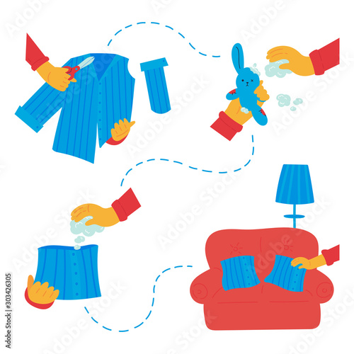 Clothes upcycle concept.Secondary use of clothes and soft toy.Recycling of a shirt and toy on a decorative pillow.Woman cut shirt with scissors.Vector flat illustration.Waste reduction.Cartoon style.