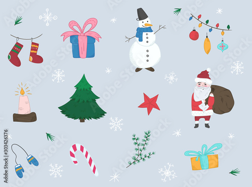 Cute cartoon collection of bright Christmas elements including fir, Snowman, Santa Claus, giftboxes, mittens, balls for new year design, labels, coloring books, kids apps, greeting cards, pattern