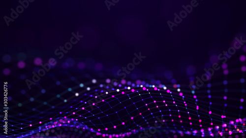 Futuristic dots background. Color music sound waves. Big data visualization. 3d rendering.