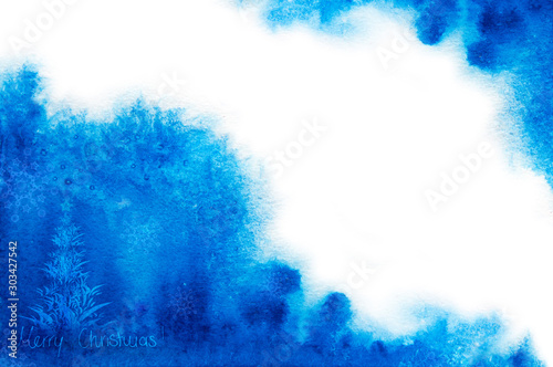 Christmas blue Watercolor background with fir tree and space for text .