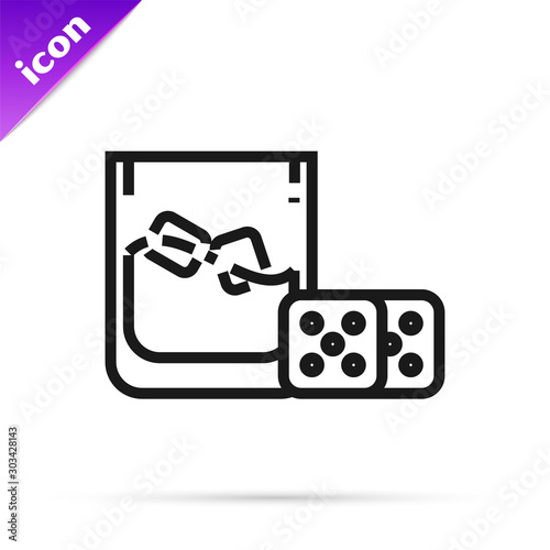 Black line Game dice and glass of whiskey with ice cubes icon isolated on white background. Casino gambling. Vector Illustration