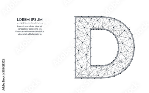Letter D low poly design, alphabet abstract geometric image, font wireframe mesh polygonal vector illustration made from points and lines on white background