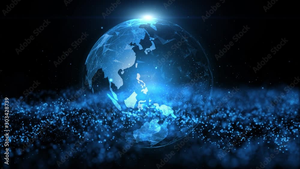 Conceptual 3d earth planet globe rotation on digital artificial intelligence cyberspace network animation background.