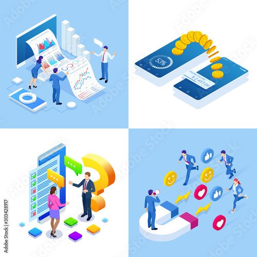 Isometric business concepts. Businessmen and business woman in different situations. Online cooperation, agreement, success, sgoal achievement, financing of projects, online consultation, partnership.