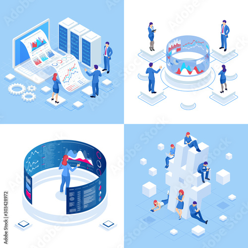 Isometric business concepts. Businessmen and business woman in different situations. Online cooperation, agreement, success, sgoal achievement, financing of projects, online consultation, partnership.