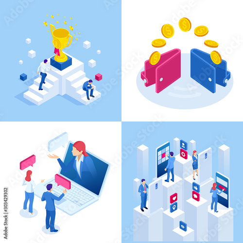 Isometric business concepts. Businessmen and business woman in different situations. Online cooperation, agreement, success, sgoal achievement, financing of projects, online consultation, partnership.