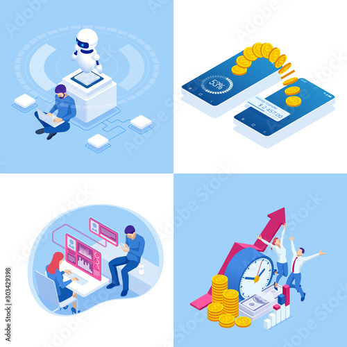 Isometric business concepts. Businessmen and business woman in different situations. Online cooperation, agreement, success, sgoal achievement, financing of projects, online consultation, partnership.