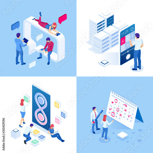 Isometric business concepts. Businessmen and business woman in different situations. Online cooperation, agreement, success, sgoal achievement, financing of projects, online consultation, partnership.