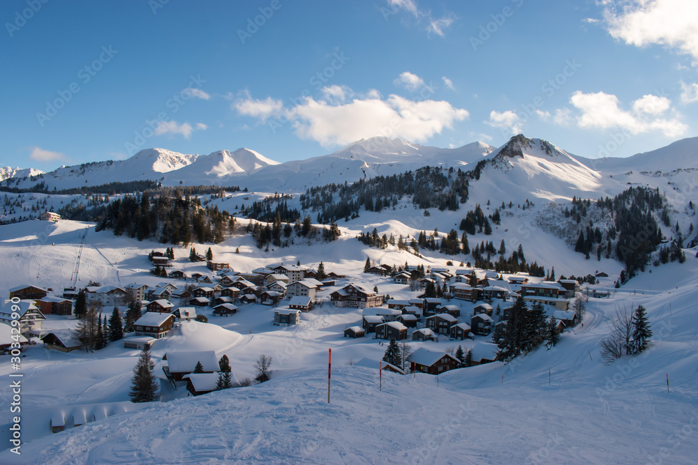 Snow-capped mountains in ski resort Stoos