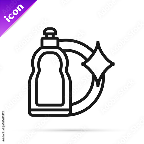 Black line Plastic bottle for liquid laundry detergent, bleach, dishwashing liquid or another cleaning agent icon isolated on white background. Vector Illustration