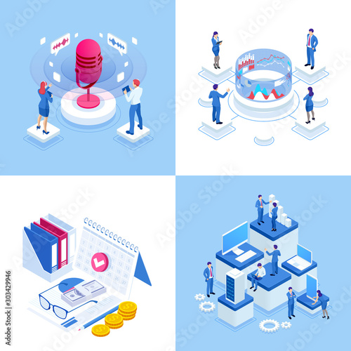 Isometric business concepts. Businessmen and business woman in different situations. Online cooperation, agreement, success, sgoal achievement, financing of projects, online consultation, partnership.