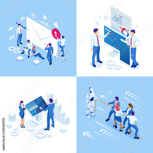 Isometric business concepts. Businessmen and business woman in different situations. Online cooperation, agreement, success, sgoal achievement, financing of projects, online consultation, partnership.