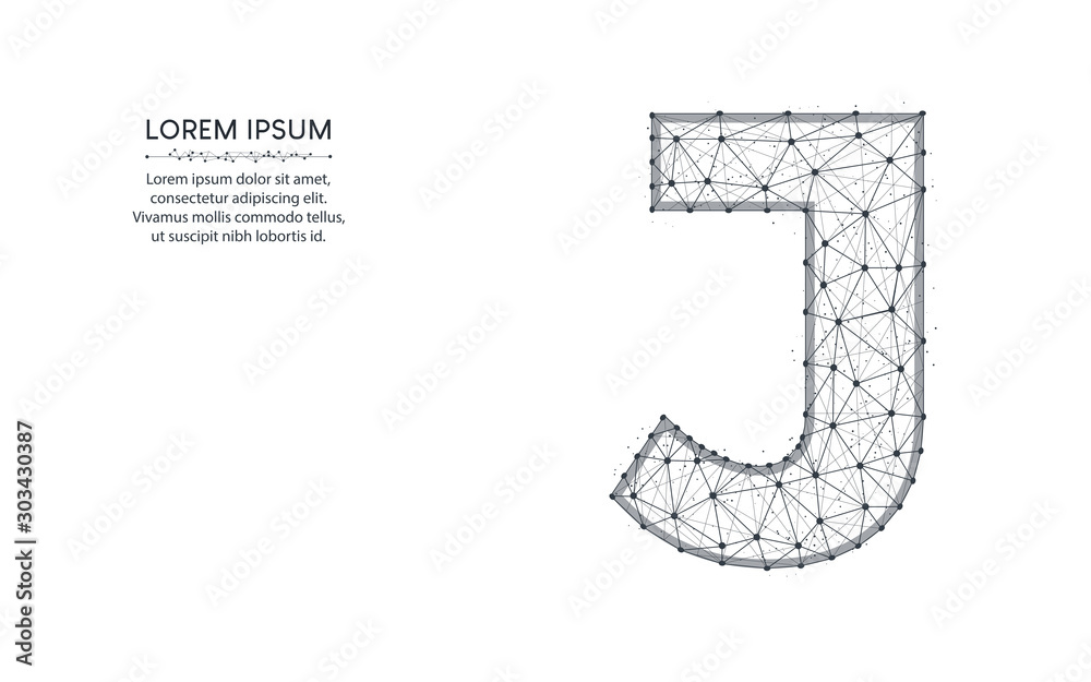 Letter J low poly design, alphabet abstract geometric image, font wireframe mesh polygonal vector illustration made from points and lines on white background Letter J low poly design, alphabet abstract geometric image, font wireframe mesh polygonal vector illustration made from points and lines on white background