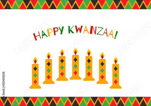 Vector illustration of Happy Kwanzaa holidays. Greeting card with menorah and candles.