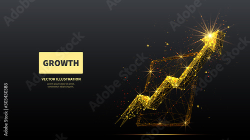 An arrow on tablet low poly wireframe illustration. Polygonal software progress, technology upgrowth, network extension mesh art. 3D arrow upward and device screen with connected dots