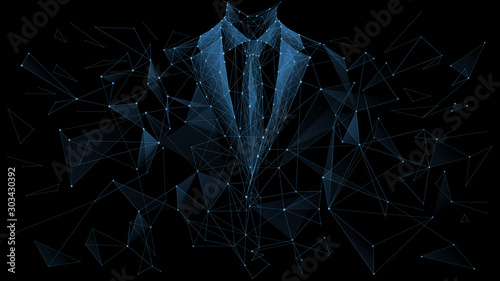 Business career collapse concept. A young man in a suit is breaking into parts isolated on a black background. Low poly wireframe vector illustration. Work failure. 