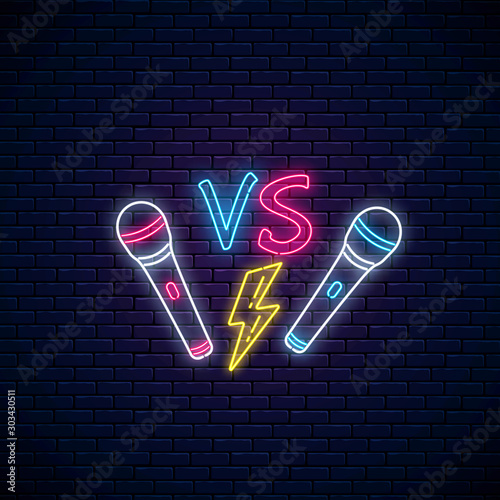 Rap battle neon sign with two microphones, lightning. Rap contest advertisement design. Bright banner of hip-hop music