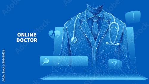 Healthcare services. Online medical consultation. A doctor in a white lab coat with a stethoscope on the laptop screen. Low poly wireframe vector illustration on blue. Online hospital concept.