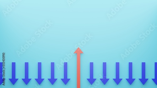 Stand out concept with orange and blue arrows on a teal background with space for text