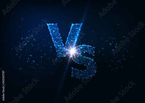 Futuristic competition concept with glowing low polygonal letters VS on dark blue background.