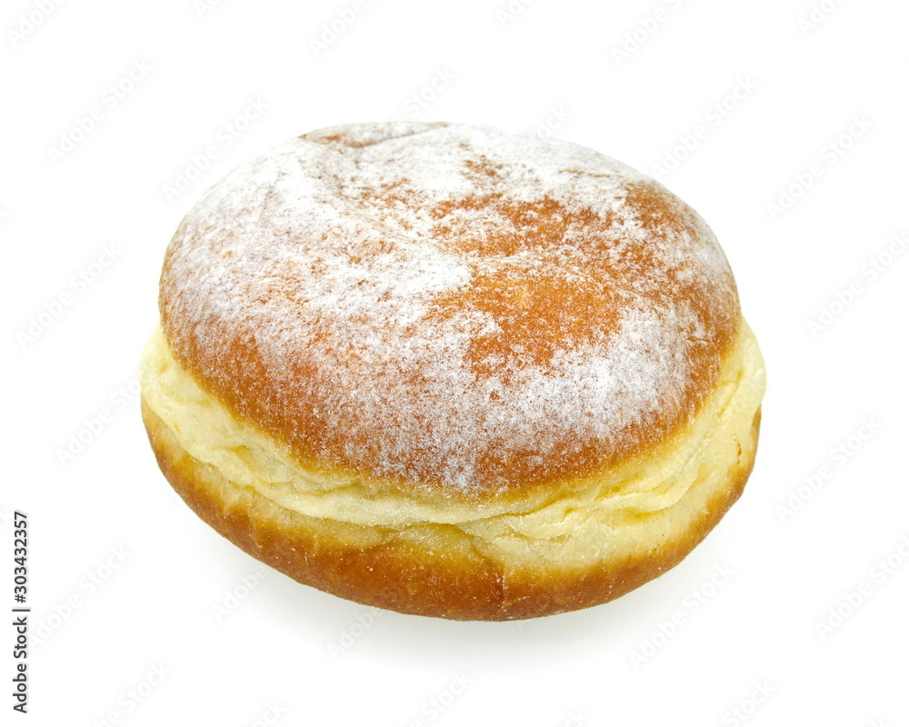 German doughnut berliner with icing sugar isolated on white. Donuts(Sufganiyah) isolated on white background one fresh baked with powered sugar. fresh dough-nut with jam. Serbian krofna German doughnut berliner with icing sugar isolated on white. Donuts(Sufganiyah) isolated on white background one fresh baked with powered sugar. fresh dough-nut with jam. Serbian krofna
