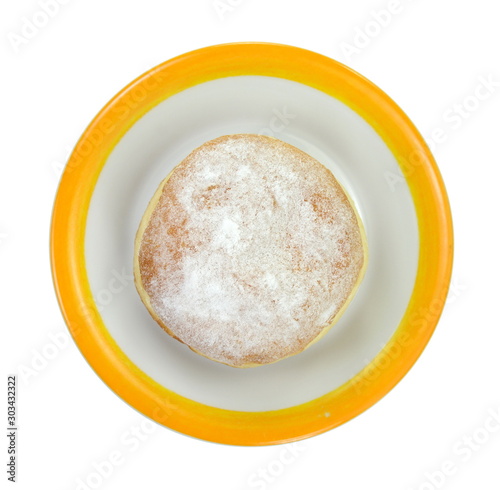 German doughnut berliner with icing sugar isolated on white. Donuts(Sufganiyah) isolated on white background one fresh baked with powered sugar. fresh dough-nut with jam. Serbian krofna photo