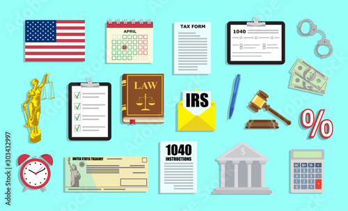 Tax period set with IRS documents and judgement arts in vector flat style photo