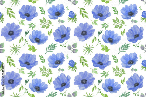 A repeat pattern of watercolor blue hand drawn anemones and green leaves on the white background  floral ornament