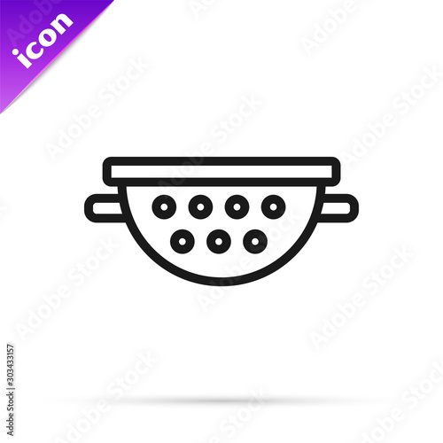 Black line Kitchen colander icon isolated on white background. Cooking utensil. Cutlery sign. Vector Illustration