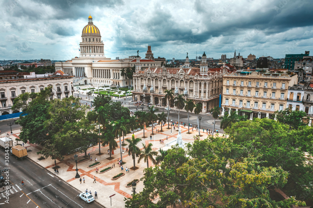 Havana, Cuba - October 19, 2019: Dark sky over the Capitolio building old Havana