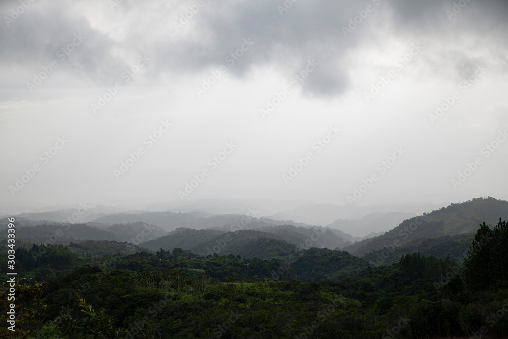 View of a mountain range in Panama with a heavy fog setting in