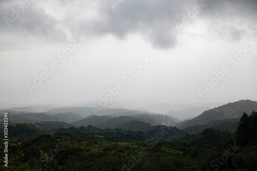 View of a mountain range in Panama with a heavy fog setting in