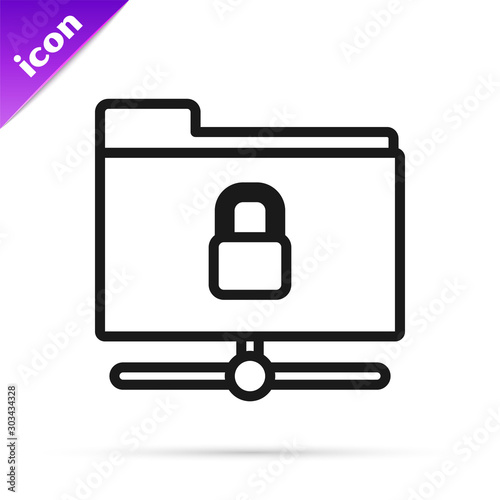 Black line FTP folder and lock icon isolated on white background. Concept of software update. Security, safety, protection concept. Vector Illustration