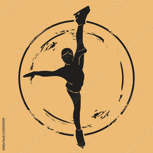 Figure skater silhouette icon vector round shabby emblem design, old retro style. Figure skating logo mail stamp isolated on craft paper. Vintage grunge sign. Winter sport round seal imitation.