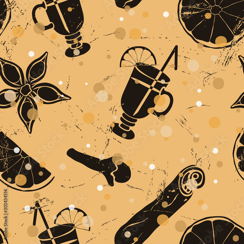 Christmas and New Year vintage seamless pattern with glass with mulled wine and straw, badian, cinnamon, clove. Repeated pattern old retro style grunge design craft paper imitation. Pattern with snow.