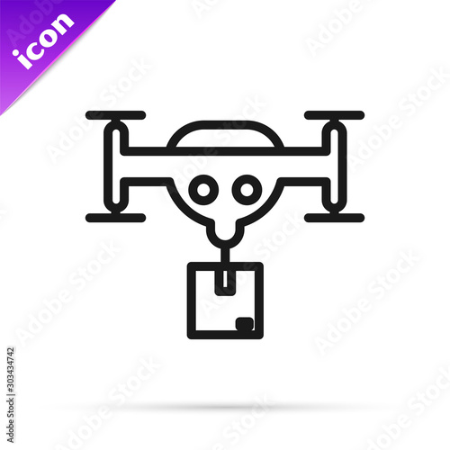 Black line Delivery drone with the package icon isolated on white background. Drone delivering cardboard box. Vector Illustration