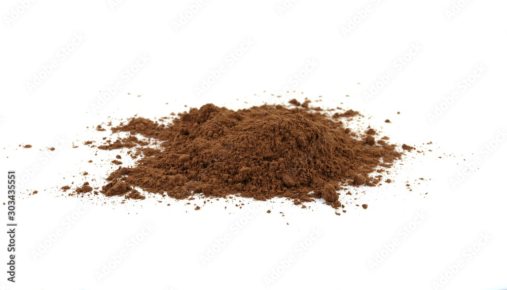 Pile cocoa powder isolated on white background.