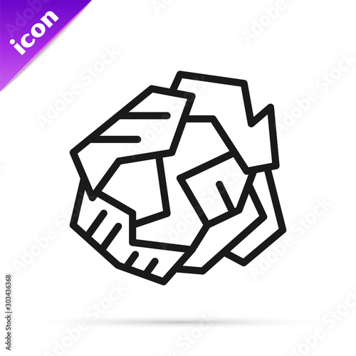 Black line Crumpled paper ball icon isolated on white background. Vector Illustration